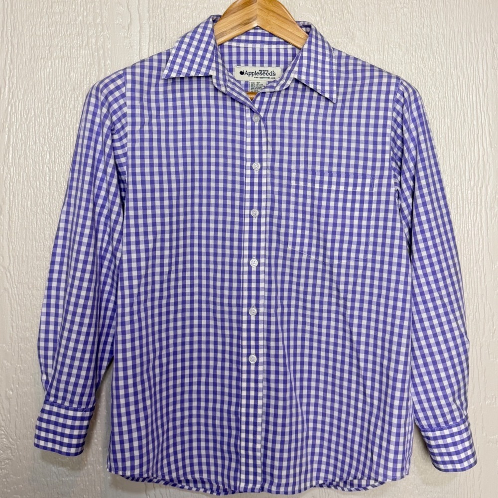 Appleseed's Petite Purple Gingham Button Down Shirt Long Sleeve Cotton Blend 4P
